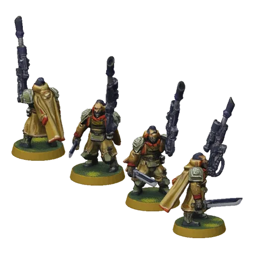 3D model of four cloaked Imperial Guard sniper figures, each holding a rifle and sword, on a black background.