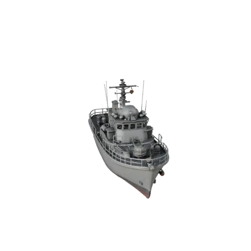 Modelo 3D de lancha patrullera vintage, vista de estudio a tres cuartos, activo de vehículo listo para animación con casco na