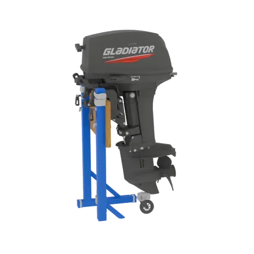 3D model of a Gladiator outboard motor mounted on a blue stand, viewed from the side.