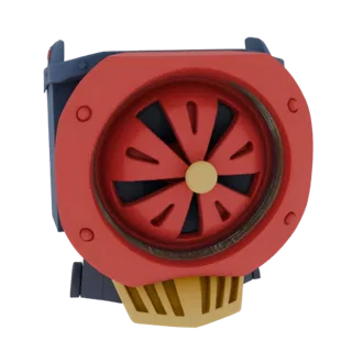 3D model of a steampunk train fan grill with a red circular grate, blue housing, and yellow accents, set against a white back