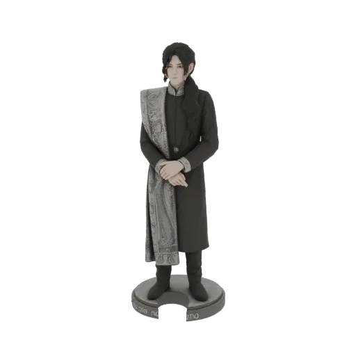 3D model of an elegant man in traditional dark robes and a patterned silver scarf, standing on a circular base.