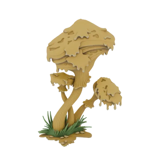Modelo 3D de um aglomerado de cogumelos derretidos e pingando com aparência orgânica e estilizada, contra um fundo branco.