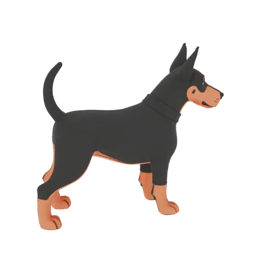 A stylized 3D model of a Doberman dog standing, with a black body and tan markings, on a transparent background.