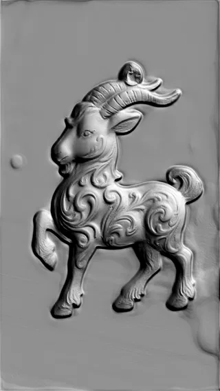 3D model of Capricorn bas-relief with ornate pattern, rendered in gray, with pronounced texture and volume.