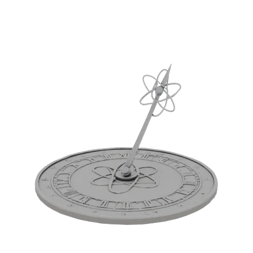 3D model of sundial with Roman numeral dial and atom gnomon