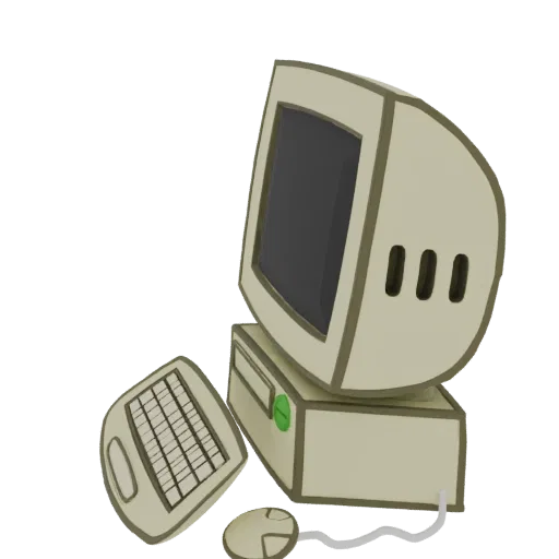 Modèle 3D d'un ordinateur de bureau beige rétro avec un moniteur CRT, un clavier et une souris, sur fond blanc.