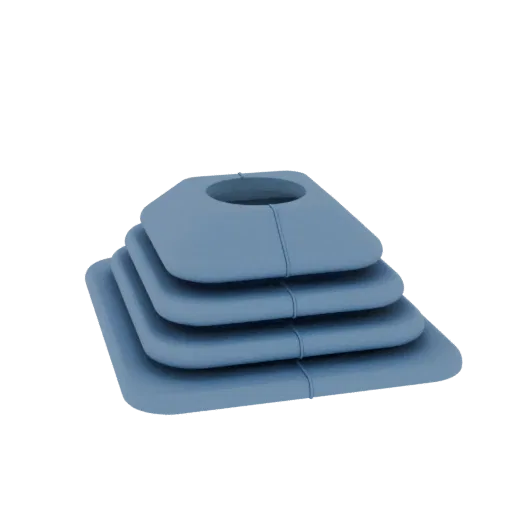 A 3D render of a blue, multi-layered accordion-style bellows with a circular opening at the top, set against a black backgrou