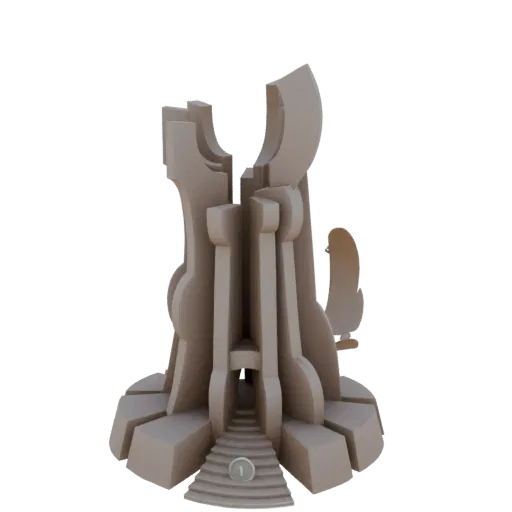 3D render of an ancient stone temple entrance with a grand staircase leading to a shadowed archway, set against a black backg