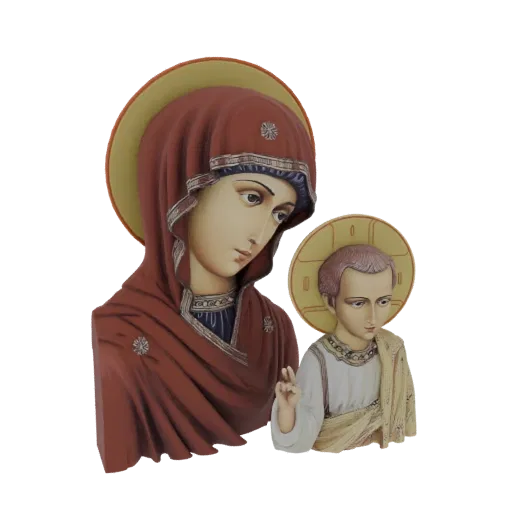 3D model of a Madonna and Child icon bust, featuring detailed robes and halos, presented against a white background.