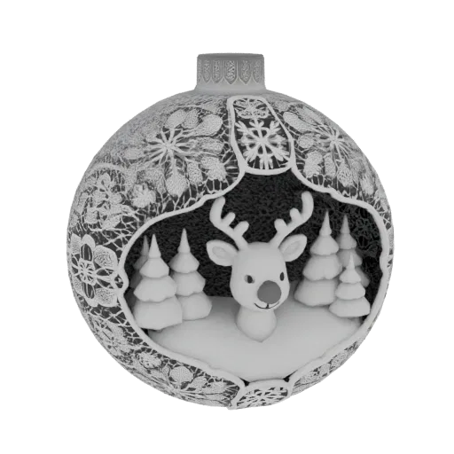 Modelo 3D de um ornamento natalino com rena e árvores cobertas de neve, com intrincados padrões de renda no exterior.
