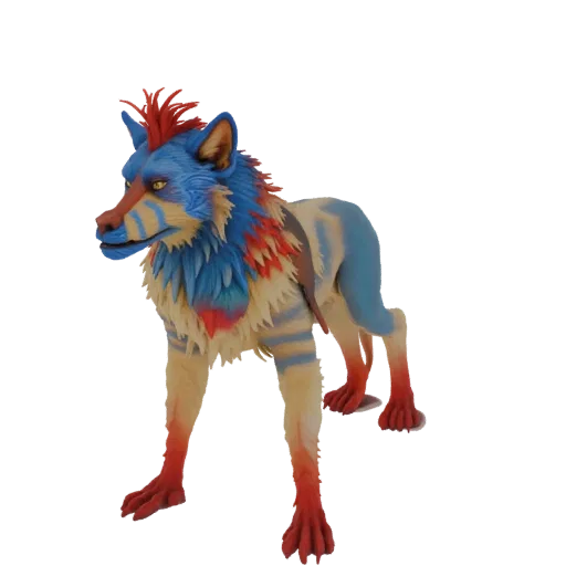 3D Modell eines Fantasy-Wolfs mit blauen, roten und gelben Markierungen, einer stacheligen Mähne und einer dynamischen Pose,