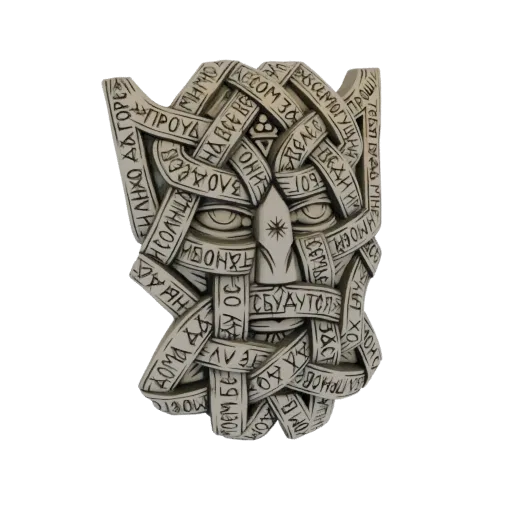 A 3D render of a light-colored mask with a stylized face, covered in interwoven ancient Slavic runes and symbols.