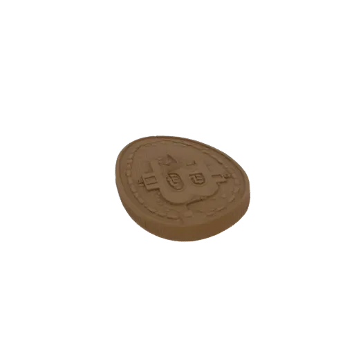 Un modèle 3D de pièce Bitcoin, montrant le symbole 'B' et des détails complexes sur une surface métallique brune.