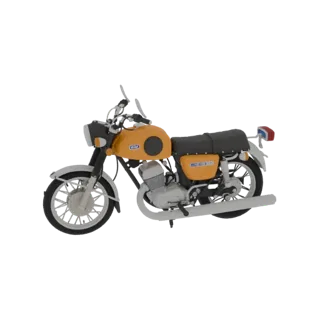 Ein 3D-Rendering eines Vintage-Motorrads in Orange mit Chromakzenten und schwarzem Sitz vor einem weißen Hintergrund.