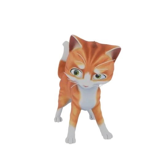3D model of a cute orange tabby cat with green eyes, looking slightly to the side with a curious expression.