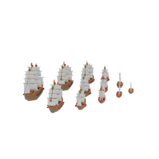 Uma coleção de navios estilizados de três mastros com velas brancas e cascos marrons, dispostos em formação de frota.