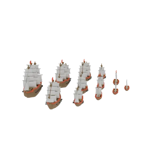 A collection of stylized three-masted sailing ships with white sails and brown hulls, arranged in a fleet formation.