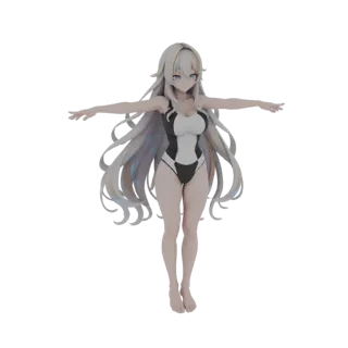 Modello 3D di una ragazza anime con lunghi capelli fluenti, che indossa un costume da bagno bianco e nero, in piedi in posa T
