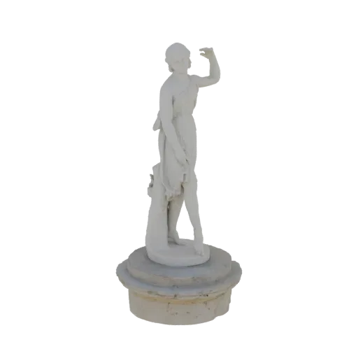 3D model of a white classical female figure statue in a flowing garment, standing on a pedestal.