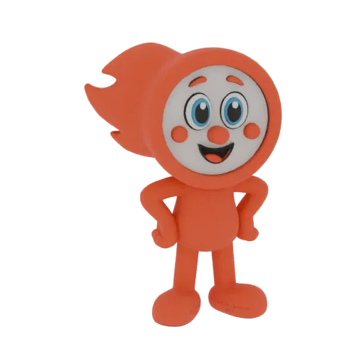 3D-Modell eines fröhlichen orangen Maskottchens mit flammendem Kopf und großen blauen Augen, mit den Händen in den Hüften.