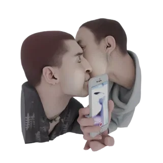 Modèle 3D d'un couple s'embrassant tout en prenant un selfie avec un smartphone, rendu avec des détails réalistes.