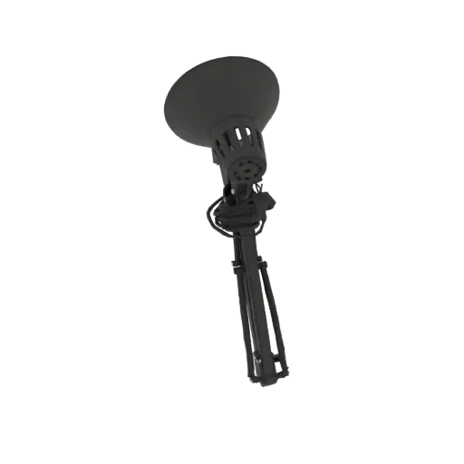 3D model of a retro desk lamp with a dome shade and articulated arm, presented on a black background.