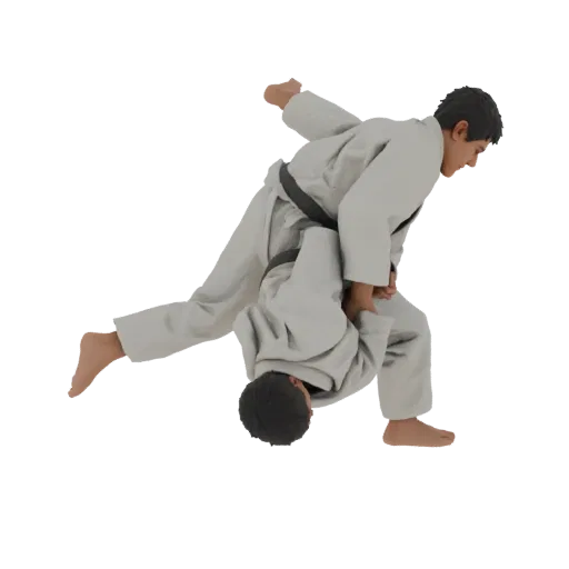 3D model of two judo fighters executing the O-Goshi throw, one fighter throwing the other over their hip.