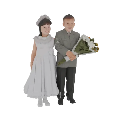 Modelo 3D de niño sonriente con traje gris sosteniendo un ramo, junto a una niña sonriente con vestido blanco.