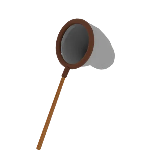 3D model of a butterfly net with a wooden handle and a brown rim, against a black background.