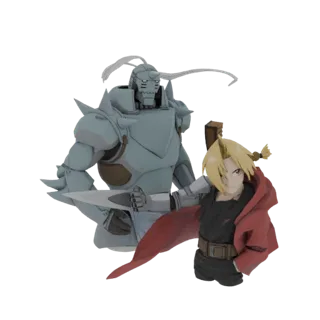 3D model of Edward Elric in a red coat and Alphonse Elric in armor from Fullmetal Alchemist, posed dynamically.