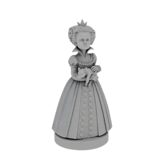 Modello 3D della pedina degli scacchi Regina di Cuori che tiene un gatto, con espressione severa e corona.