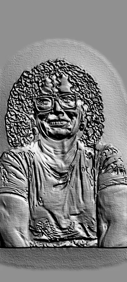 3D model of a woman with glasses bas-relief in engraving style, highly detailed.