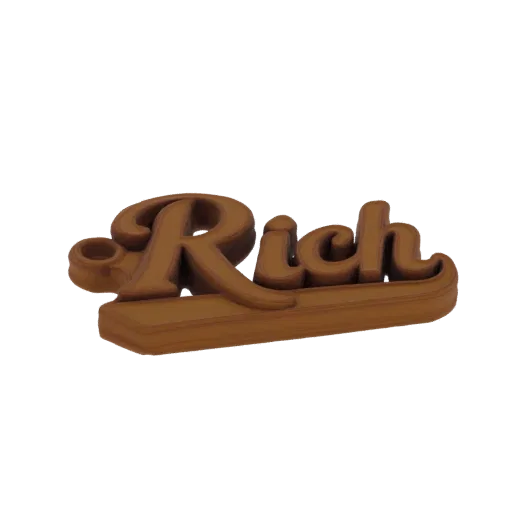 Modelo 3D de la palabra 'Rico' en fuente script estilizada en relieve marrón sobre base plana.