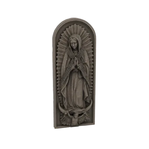 3D model of a Virgin Mary statue wearing a bullet belt, hands clasped in prayer, with a halo and angel at her feet.