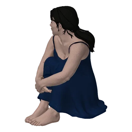 3D model of a young woman with dark hair, wearing a blue spaghetti strap dress, sitting with her knees pulled to her chest an