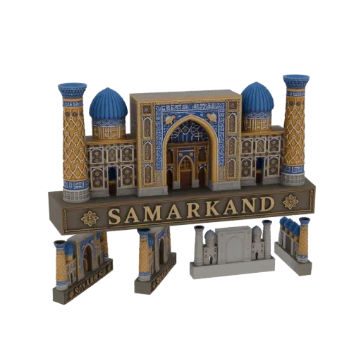 3D model of Samarkand's Registan Square, featuring blue domes, intricate tilework, and the inscription 'SAMARKAND'.