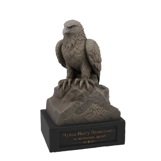 3D model of a stone eagle sculpture perched on a rock, with a dark engraved base.