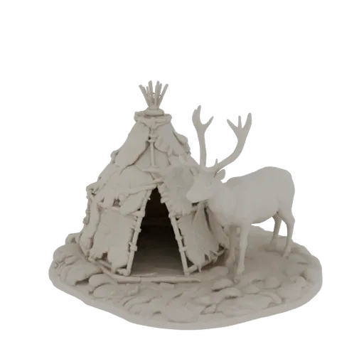 3D model of a Native American teepee with a deer standing beside it, on a textured base, unpainted.