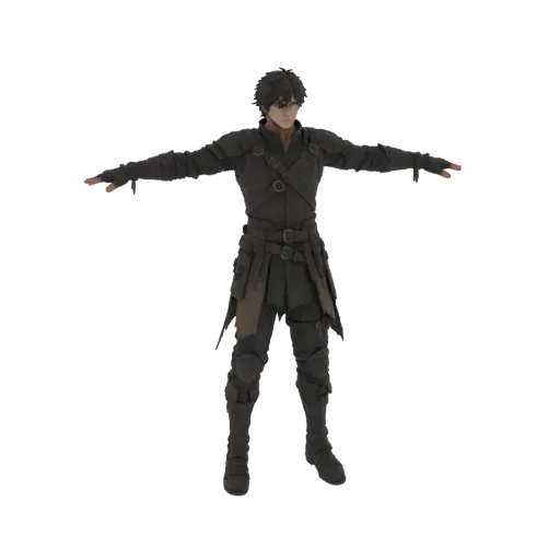 Modello 3D di un guerriero dark fantasy in posa T, con armatura scura stratificata con cinghie e fibbie.