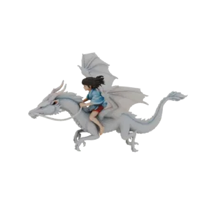 Modello 3D di Chihiro in sella al drago bianco Haku da La Città Incantata, raffigurato in una posa dinamica di volo.