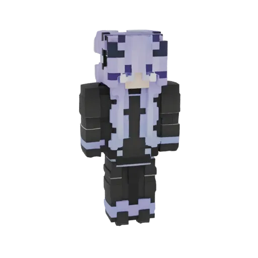 3D model of a Minecraft skin featuring an anime girl with long lavender hair and a black and purple outfit.