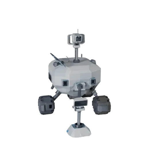 Ice World Lunar Lander Low Poly 3D model, game viewport three-quarter view, showing dusty wheels, vehicle stance.