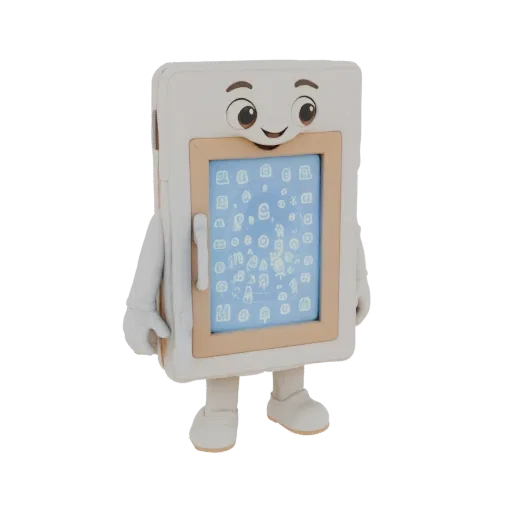 3D model of a friendly refrigerator character with a smiling face, cartoon arms and legs, and a blue screen displaying icons.