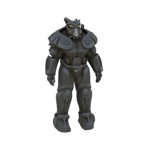 3D model of the Fallout T-45 Power Armor, a dark gray, bulky exoskeleton with a distinctive helmet.