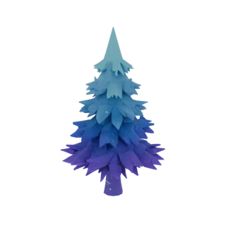 Sapin 3D low poly stylisé avec un dégradé turquoise à violet, présentant des couches d'aiguilles volumétriques et des reflets