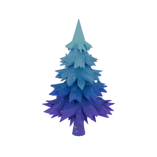 Stylized low poly 3D fir tree with a turquoise to purple gradient, featuring volumetric needle layers and magical highlights.