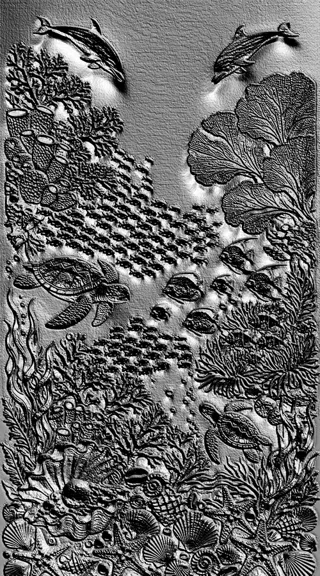 Modèle 3D de bas-relief "Fond marin" avec dauphins, tortues, poissons et coraux, rendu en gris.