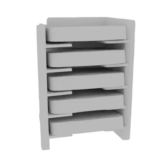 A 3D render of a modern white document tray organizer with multiple stacked tiers for papers and files.