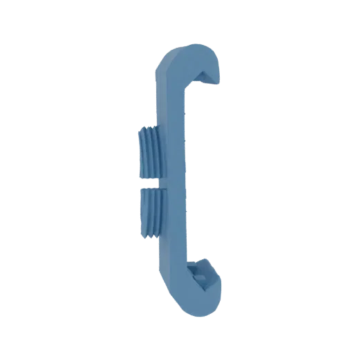 A 3D render of a blue C-shaped clamp with visible threaded sections on its inner surface.