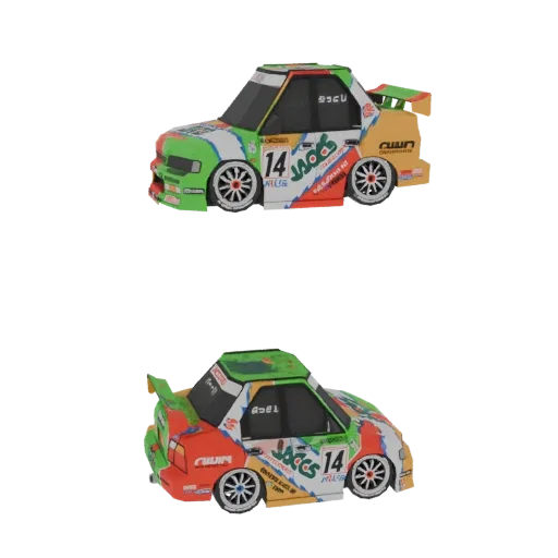 عرض ثلاثي الأبعاد لسيارة رالي مبسطة بملصقات زاهية باللون الأخضر والبرتقالي والأبيض، تحمل الرقم 14.